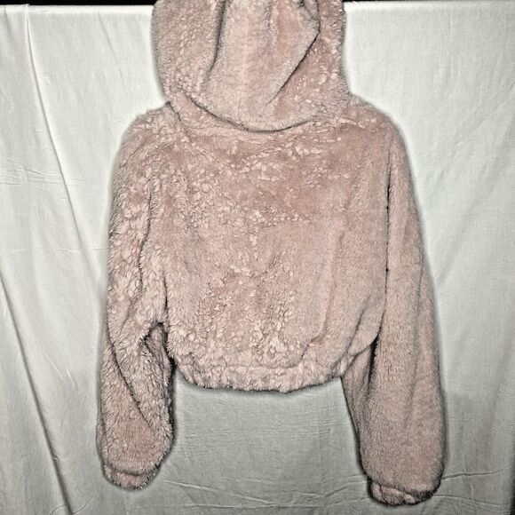 AMBIANCE Outerwear Faux Fur Jacket Hoodie Plush Cropped Zip Coat Womens L Pink - Picture 4 of 6